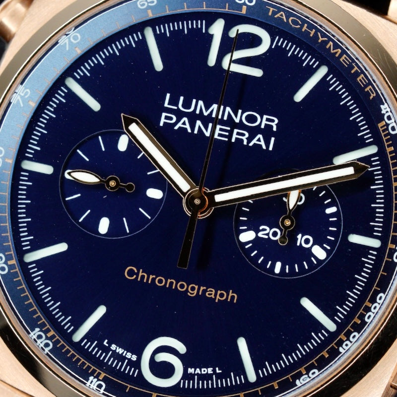 Panerai Luminor PAM 01111 Blue Dial Rose Gold Blue Leather Strap 44mm