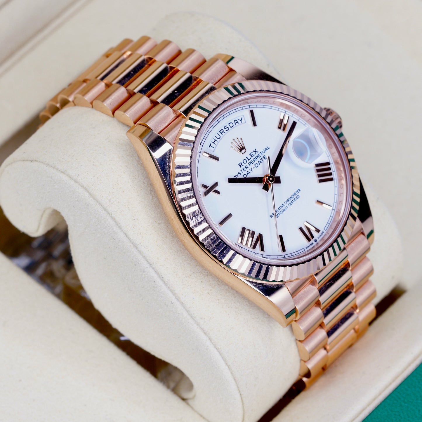 Rolex Day-Date 228235 White Roman Dial Rose Gold 40mm