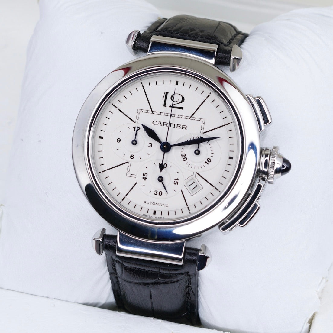 Cartier Pasha W3108555 White Dial XL Chronograph Leather Strap 42mm