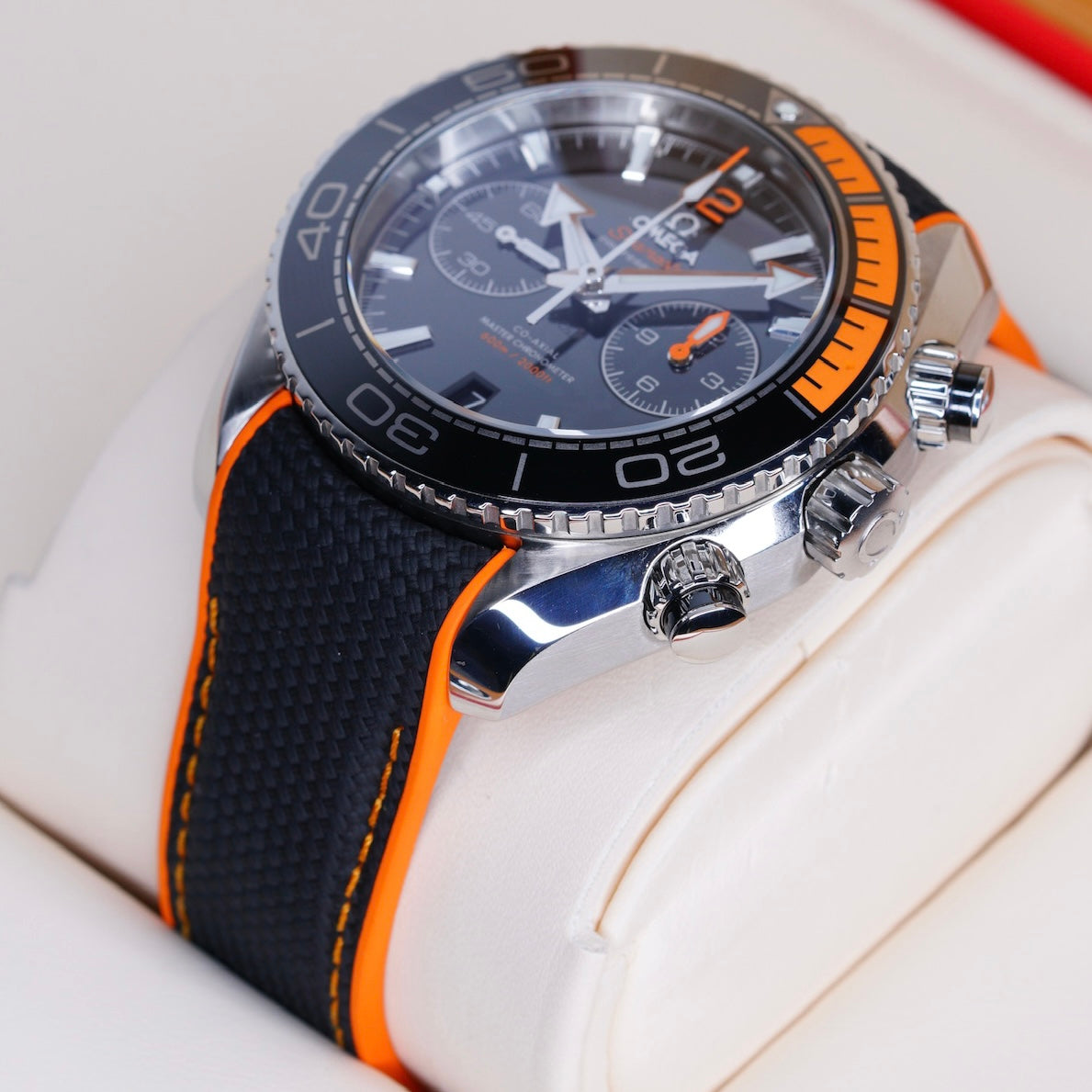 Omega Seamaster 215.32.46.51.01.001 “PLANET OCEAN” Black Dial Orange Accents  Stainless Steel Chronograph