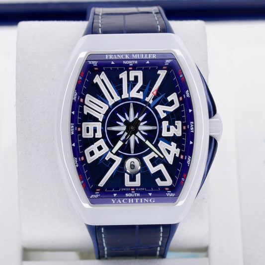 Franck Muller Vanguard V 45 SC DT Yachting Blue Dial Ceramic Blue Leather Strap