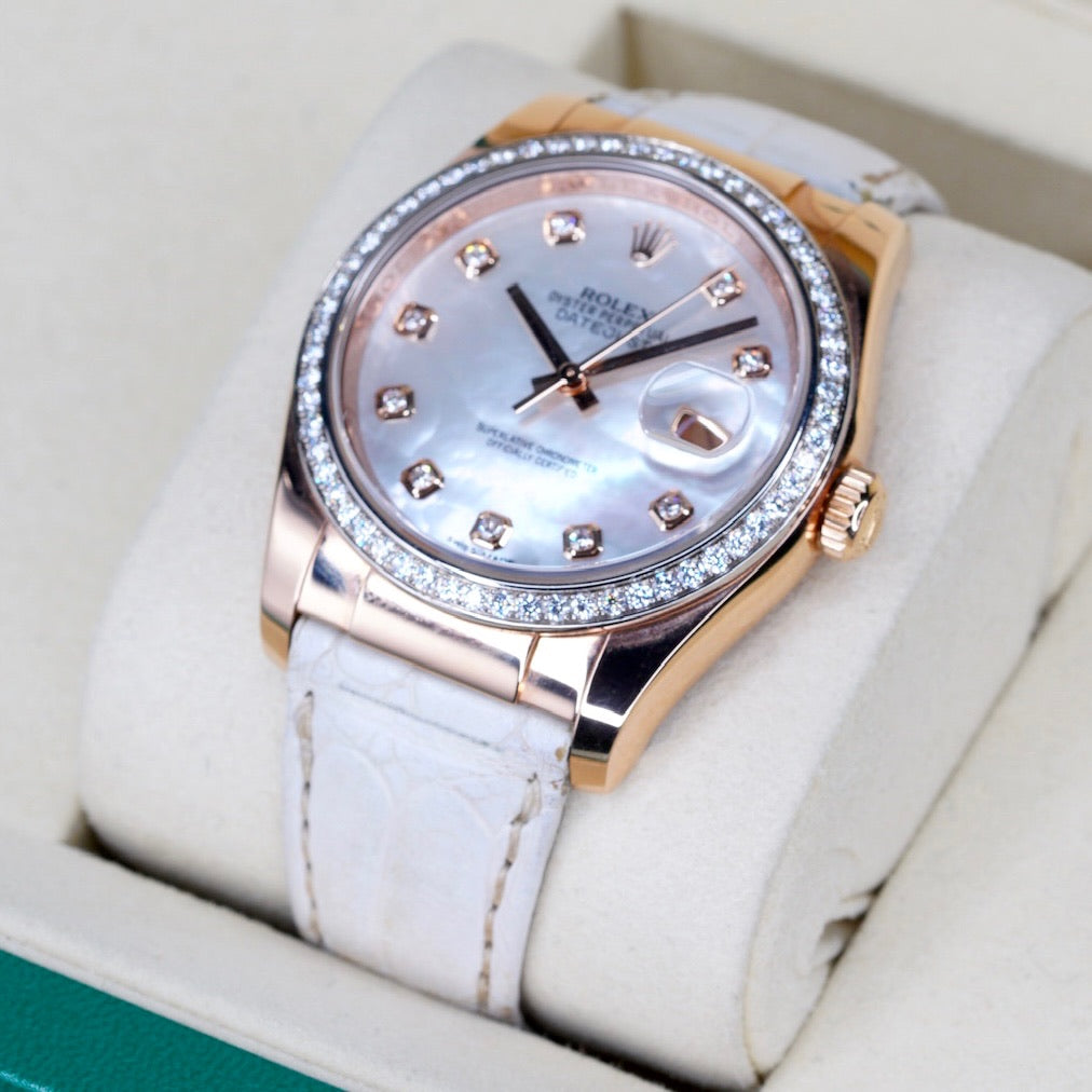 Rolex Datejust 116185 MOP Diamond Dial Rose Gold Leather Strap 36mm