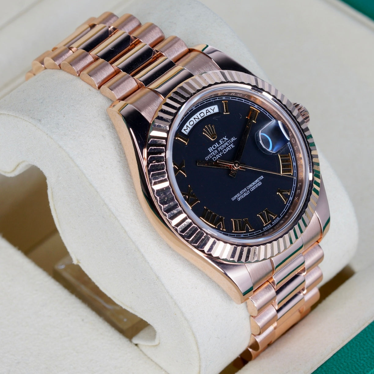 Rolex Day-Date II 218235 Black Roman Dial Rose Gold 41mm