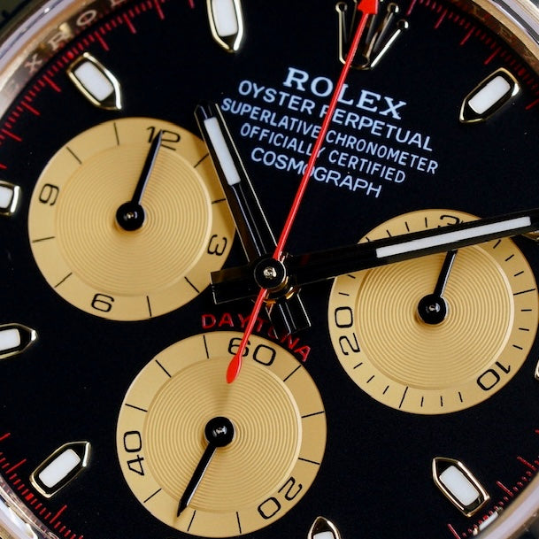 Rolex NEW OLD STOCK Daytona 116508 “PAUL NEWMAN” Black Dial Red Accents Champagne Subdials Yellow Gold 40mm 2023