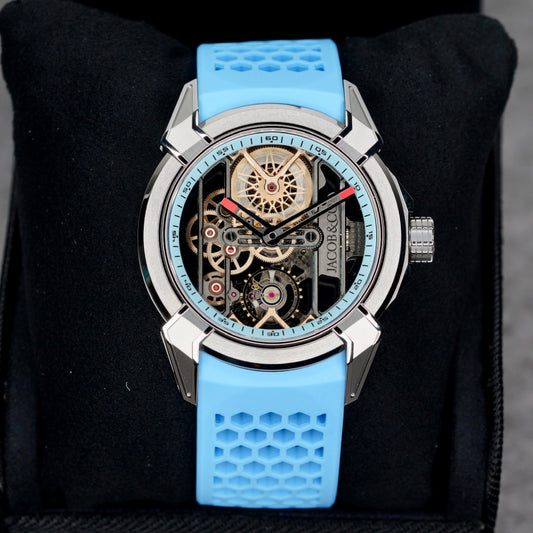 Jacob & Co NEW 2026 Epic X EX110.20.AA.AJ.A “GLACIAR BLUE” Skeleton Dial 5n Color Gears Titanium 44mm