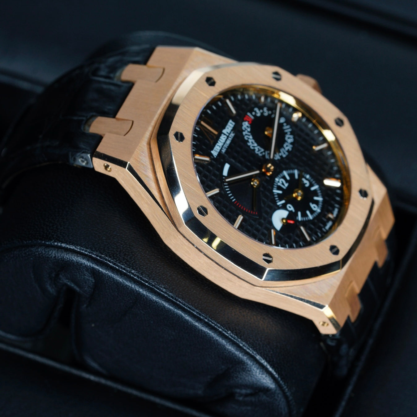 Audemars Piguet Royal Oak 26120OR.OO.D002CR.01 “DUAL TIME” Black Dial Rose Gold Leather Strap 39mm 2016