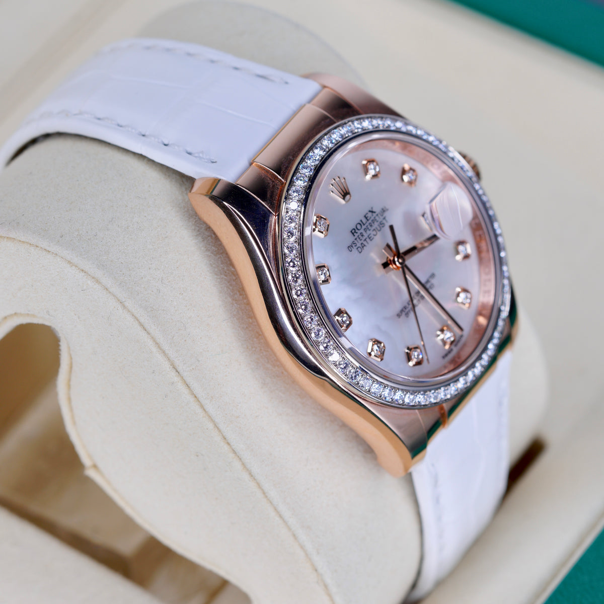 Rolex Datejust 116185 MOP Diamond Dial Rose Gold Leather Strap 36mm