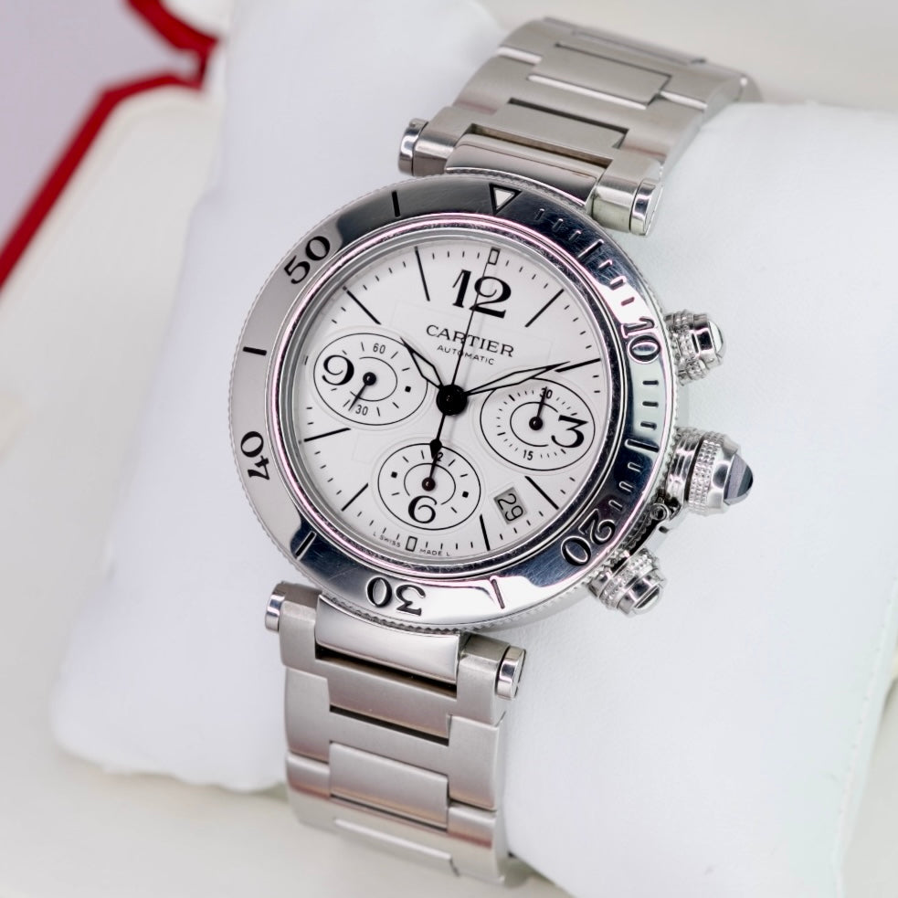Cartier Pasha Seatimer W31089M7 / 2995 Chronograph White Dial Stainless Steel 42mm