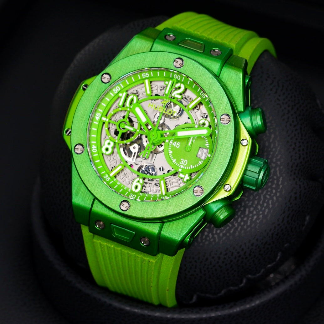 Hublot Big Bang Unico 441.UG.5220.RX.NES23 “NESPRESSO ORIGIN” Skeleton Dial Green Aluminum Rubber Strap 42mm