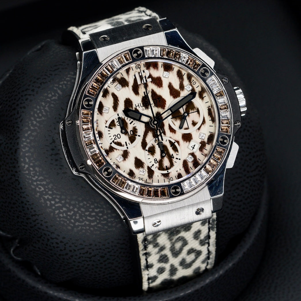 Hublot Big Bang 341.CW.7717.NR.1977  “SNOW LEOPARD” White Leopard Dial Diamond Bezel Leopard Strap 41mm