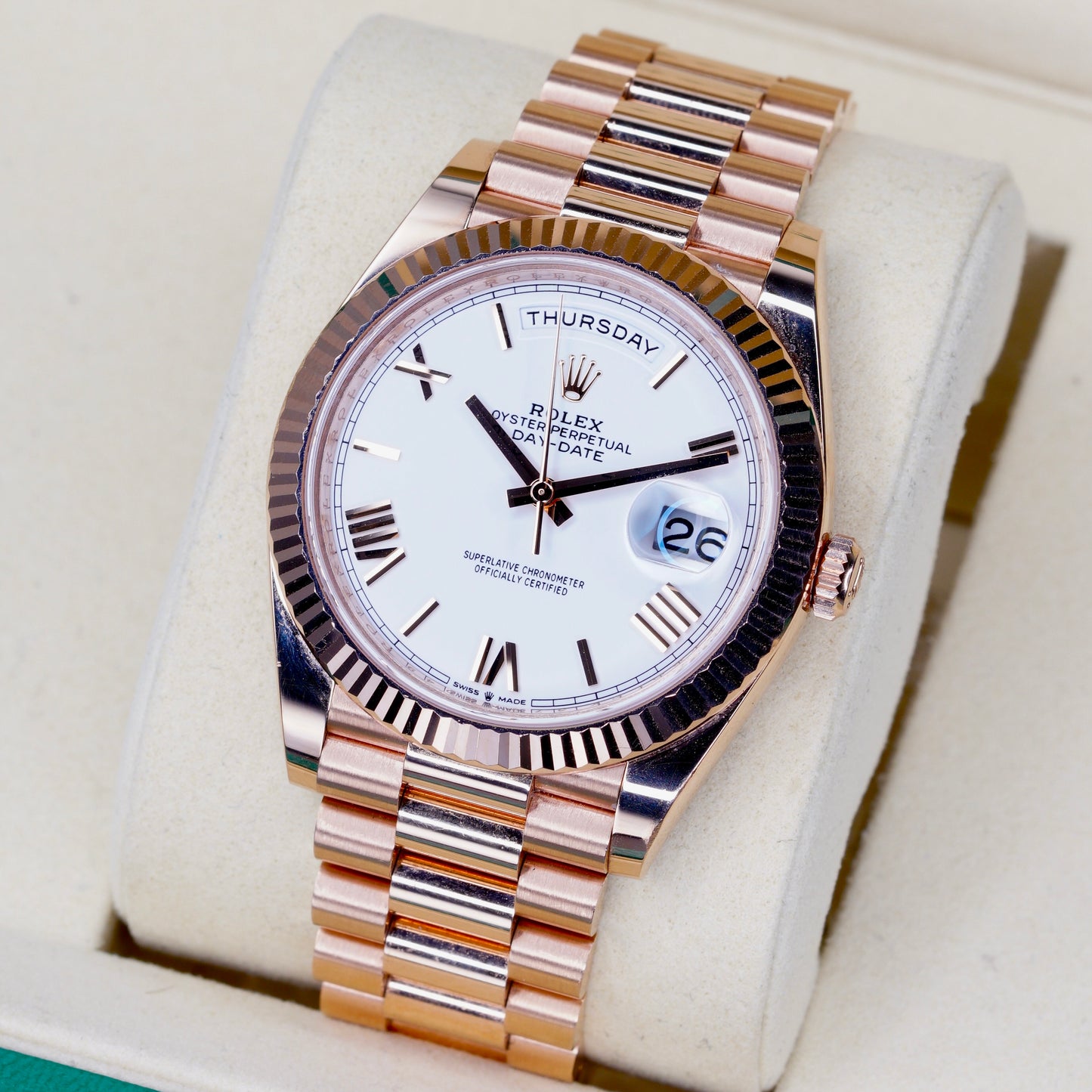 Rolex Day-Date 228235 White Roman Dial Rose Gold 40mm