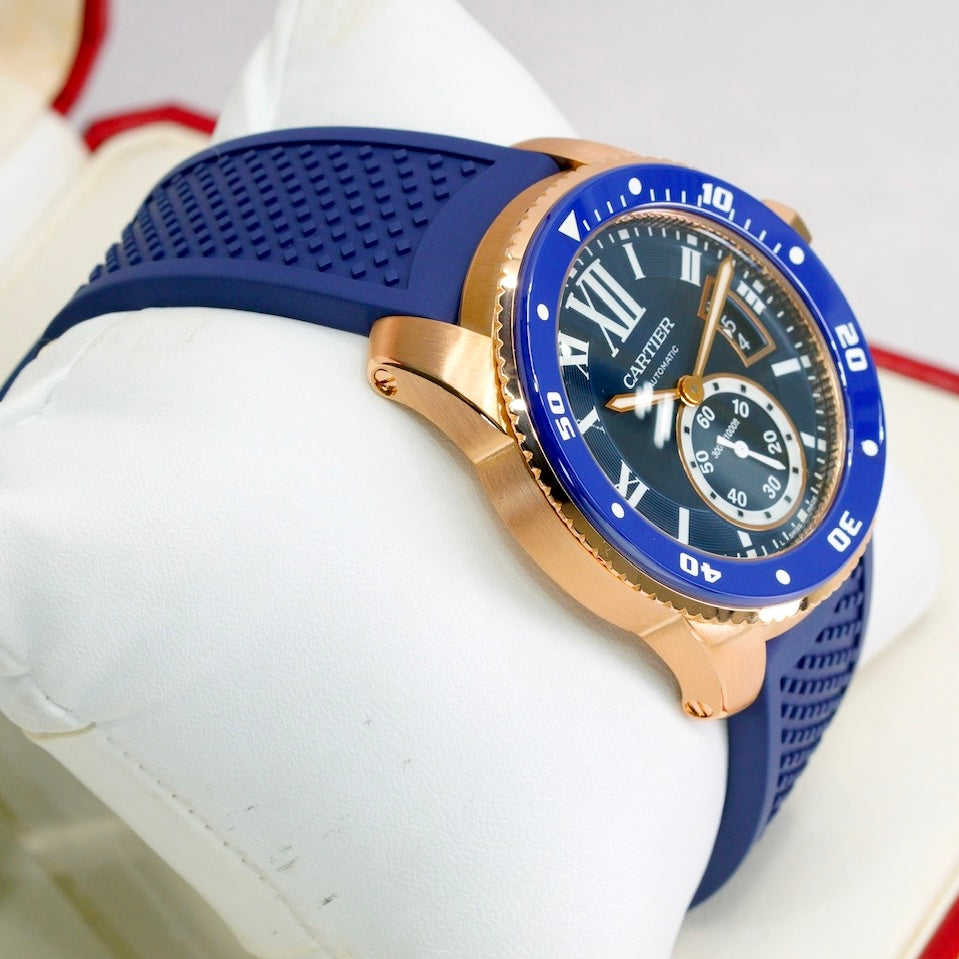 Cartier Calibre De Cartier WGCA0010 Rose Gold Blue Dial & Bezel Rubber Strap 42mm