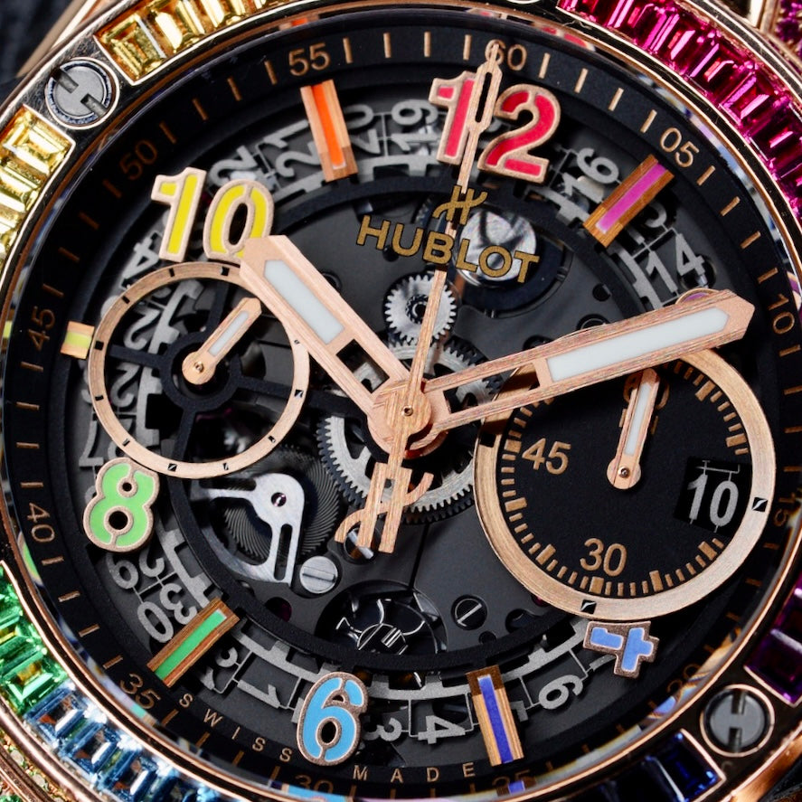 Hublot Bang Unico 441.OX.9910.LR.0999 “RAINBOW 42” Skeleton Dial King Gold Rainbow Black Strap 42mm