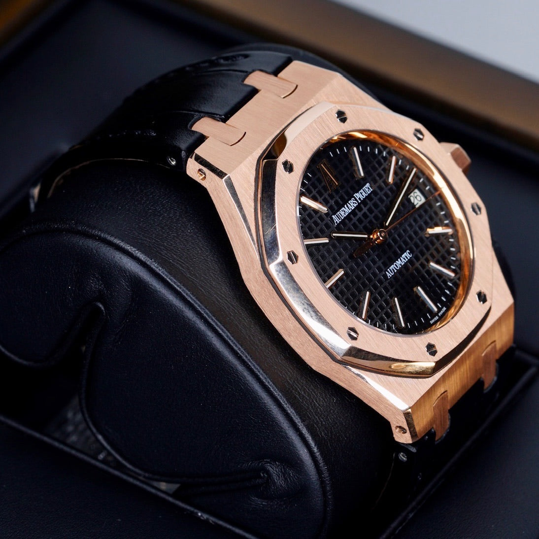Audemars Piguet Royal Oak 15300OR.OO.D002CR.01 “BLACK OAK” Black Dial Rose Gold Leather Strap 39mm