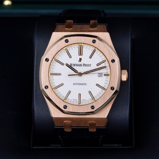 Audemars Piguet Royal Oak 15400OR.OO.D088CR.01 White Dial Rose Gold Leather Strap 41mm