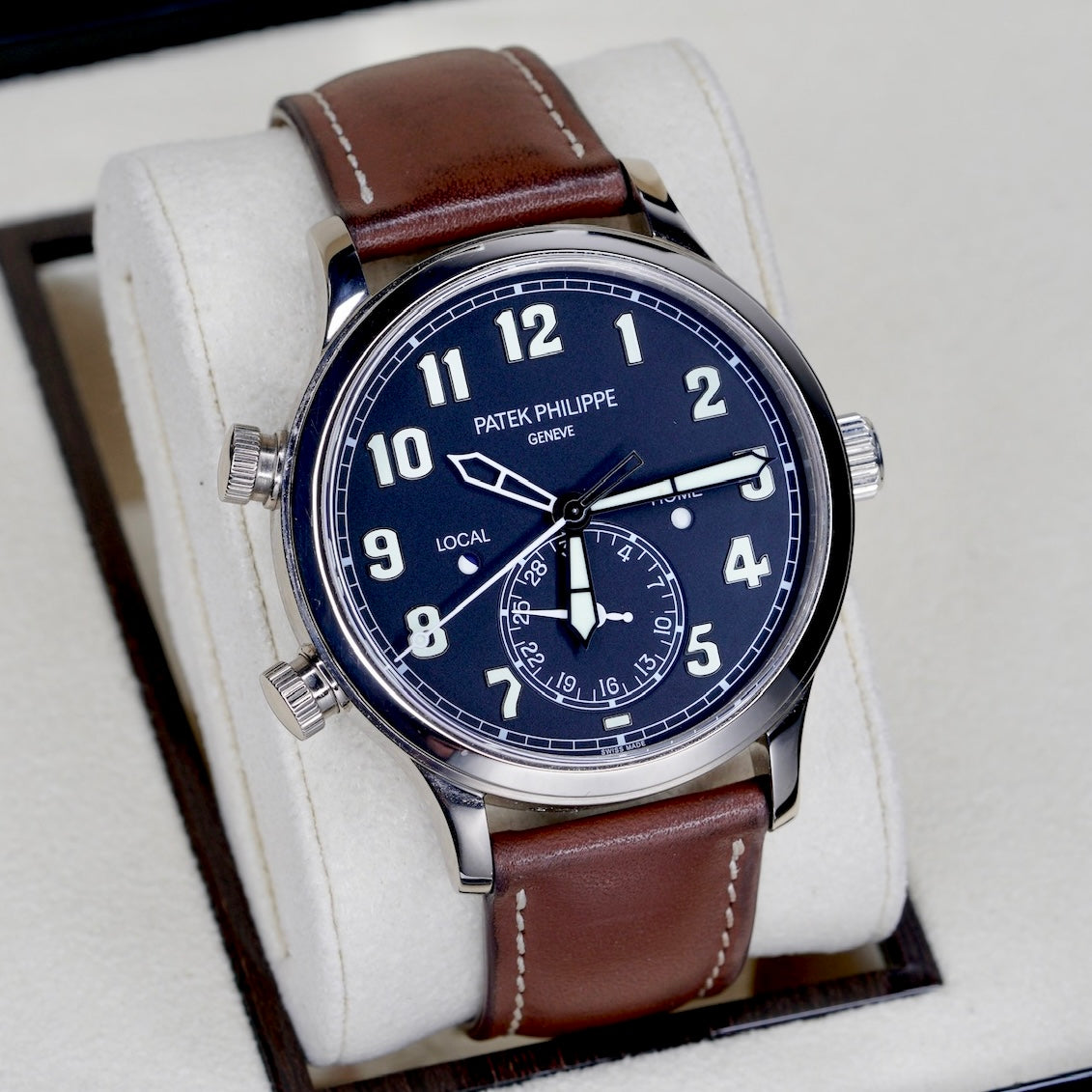 Patek Philippe 5524G-001 “PILOT” Travel Time Black Dial White Gold Leather Strap 42mmm