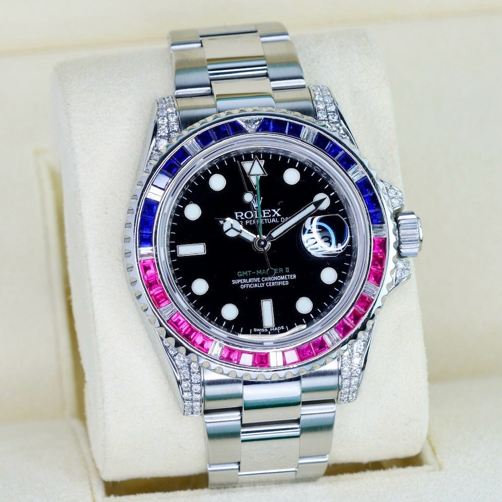 Rolex GMT-Master II 116710 “ALMOST SARU” Aftermarket Diamond Ruby & Sapphire Bezel Stainless Steel 40mm