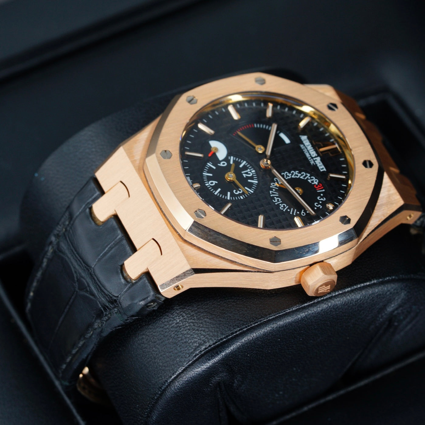 Audemars Piguet Royal Oak 26120OR.OO.D002CR.01 “DUAL TIME” Black Dial Rose Gold Leather Strap 39mm 2016