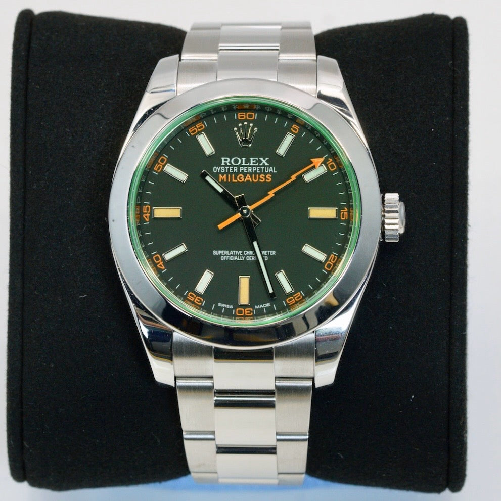Rolex Milgauss 116400GV Black Dial Green Crystal Stainless Steel 40mm