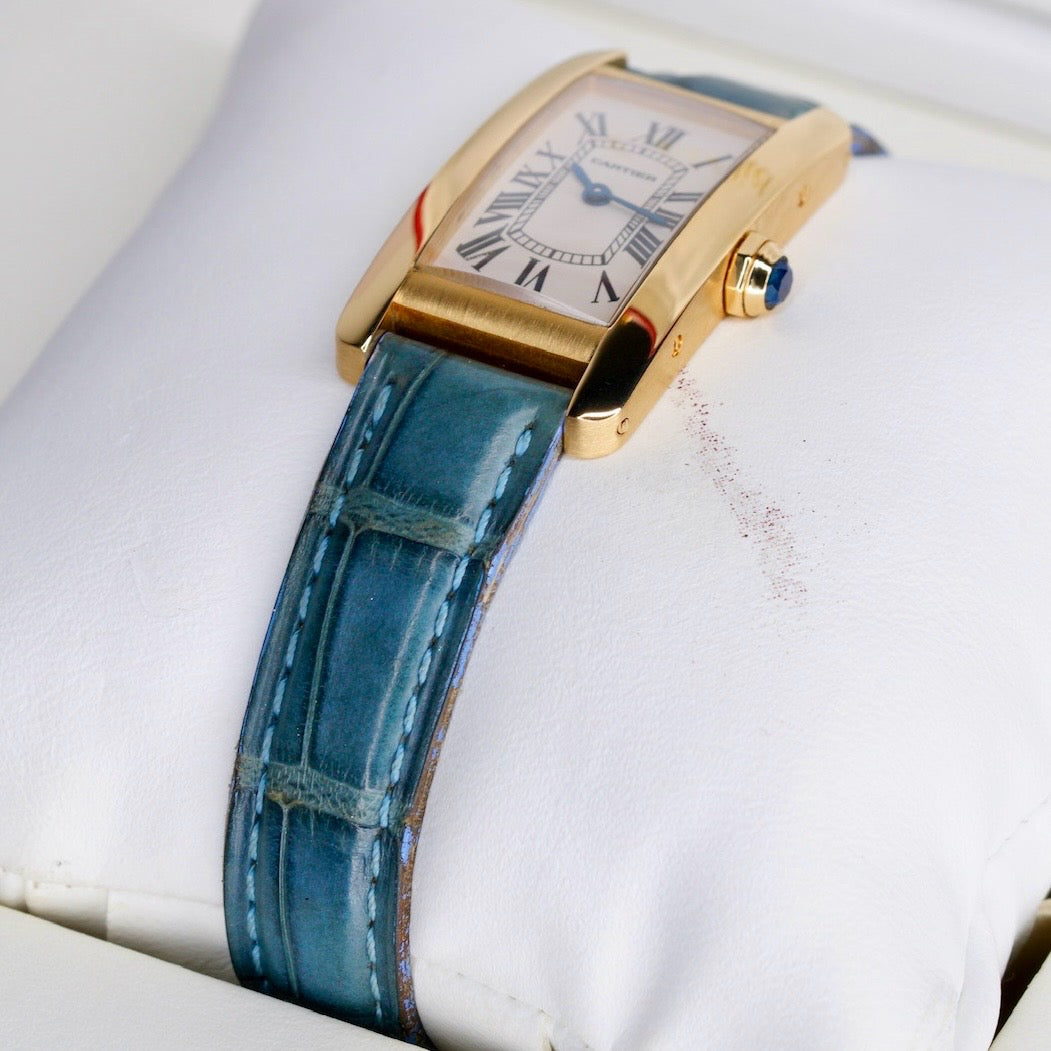 Cartier Tank Americaine 1710 White Dial Yellow Gold Leather Strap Quartz