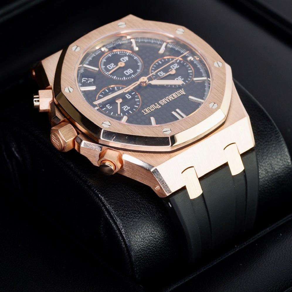 Audemars Piguet Royal Oak 26240OR.OO.D002CR.01 “50th ANNIVERSARY” Black Dial Black Rubber Rose Gold Chronograph Leather Strap 41mm 2022