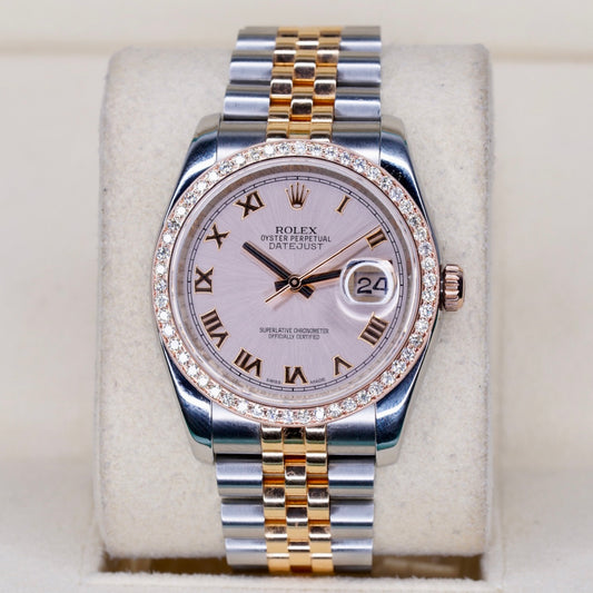 Rolex Datejust 116201 “AM DIAMOND BEZEL” Pink Roman Dial Two-Tone Rose Gold & Steel Jubilee 36mm