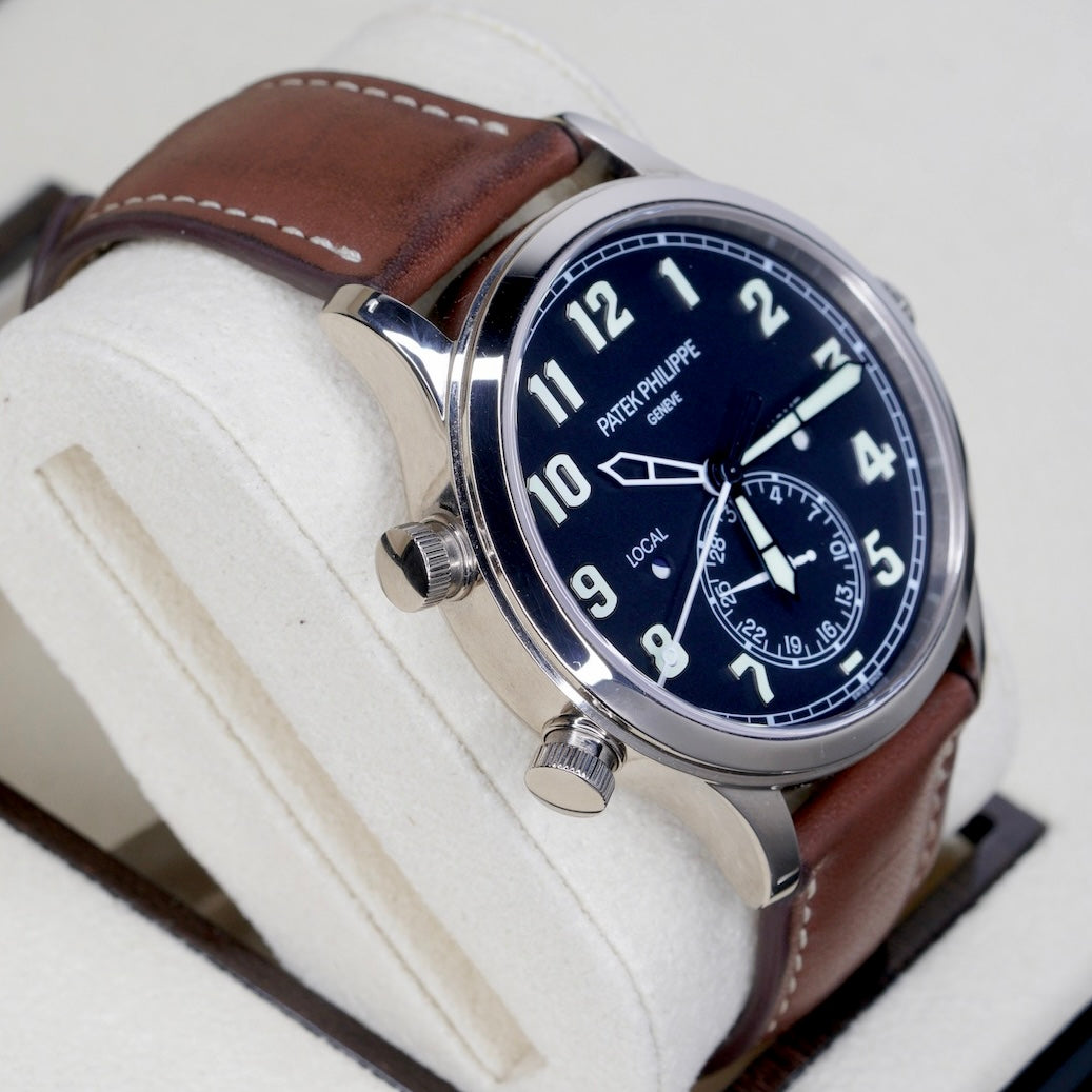 Patek Philippe 5524G-001 “PILOT” Travel Time Black Dial White Gold Leather Strap 42mmm