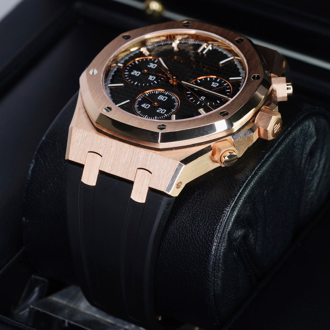 Audemars Piguet Royal Oak 26240OR.OO.D002CR.01 “50th ANNIVERSARY” Black Dial Black Rubber Rose Gold Chronograph Leather Strap 41mm 2022
