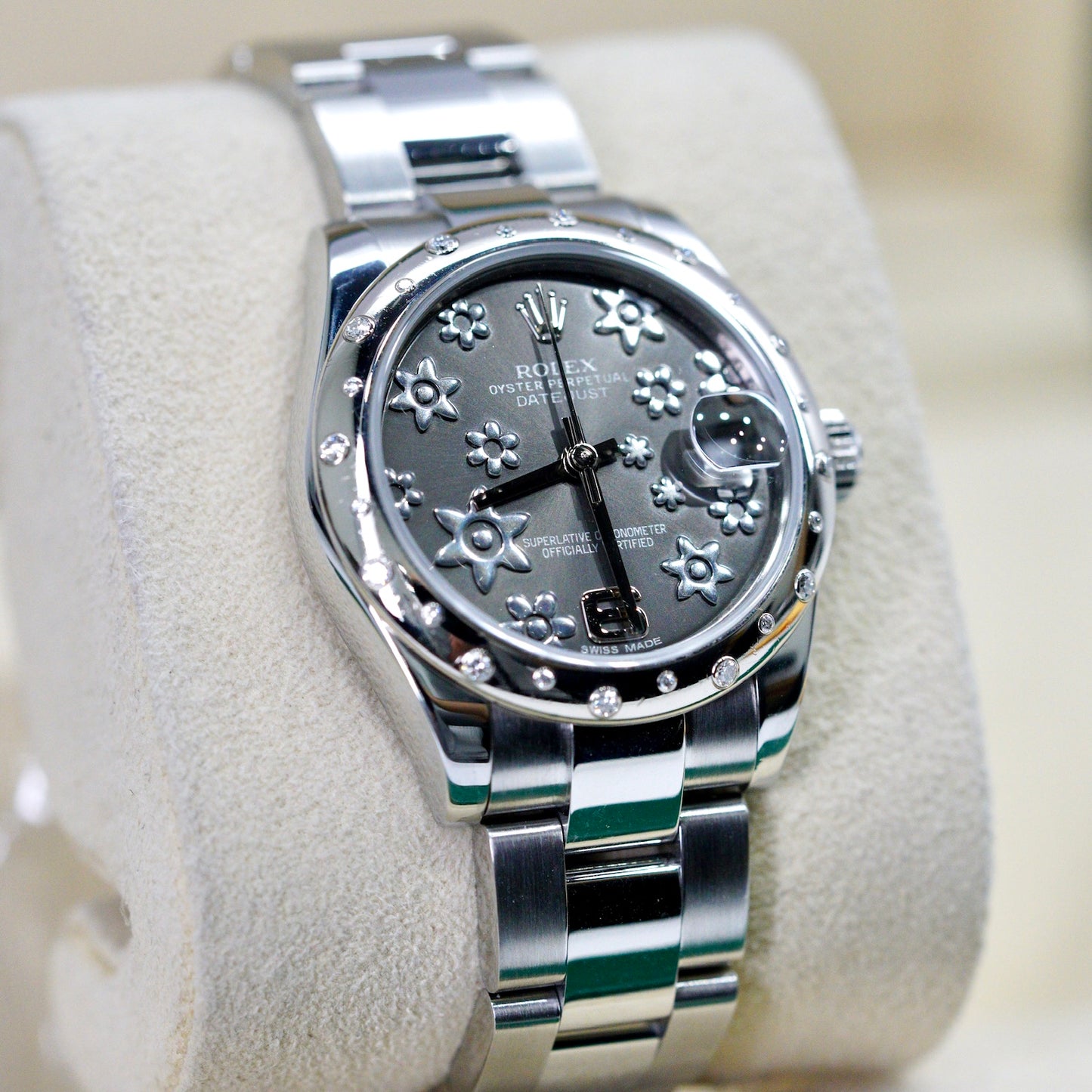 Rolex Datejust 178344 Floral Rhodium Dial White Gold Diamond Bezel Stainless Steel Case 31mm