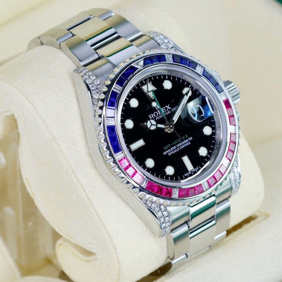 Rolex GMT-Master II 116710 “ALMOST SARU” Aftermarket Diamond Ruby & Sapphire Bezel Stainless Steel 40mm