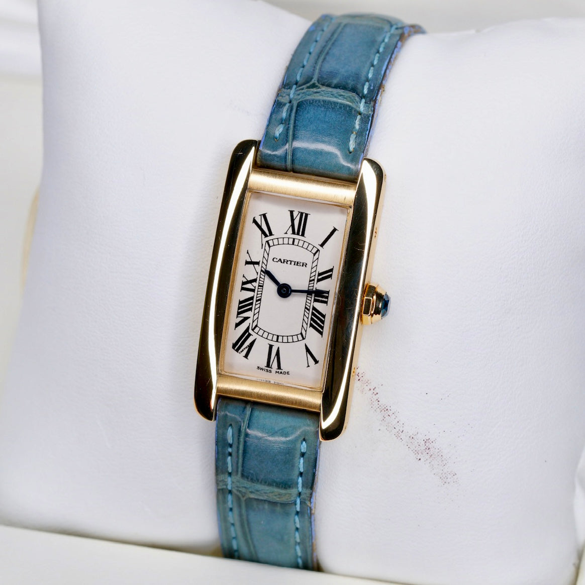Cartier Tank Americaine 1710 White Dial Yellow Gold Leather Strap Quartz