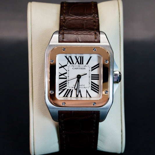 Cartier Santos 100 2878 Two-Tone Rose Gold & Steel Leather Strap