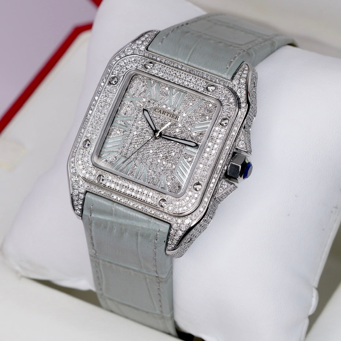 Cartier Santos 100 W20073X8/2656 Large Stainless Steel “ICED OUT” AM Diamond Set