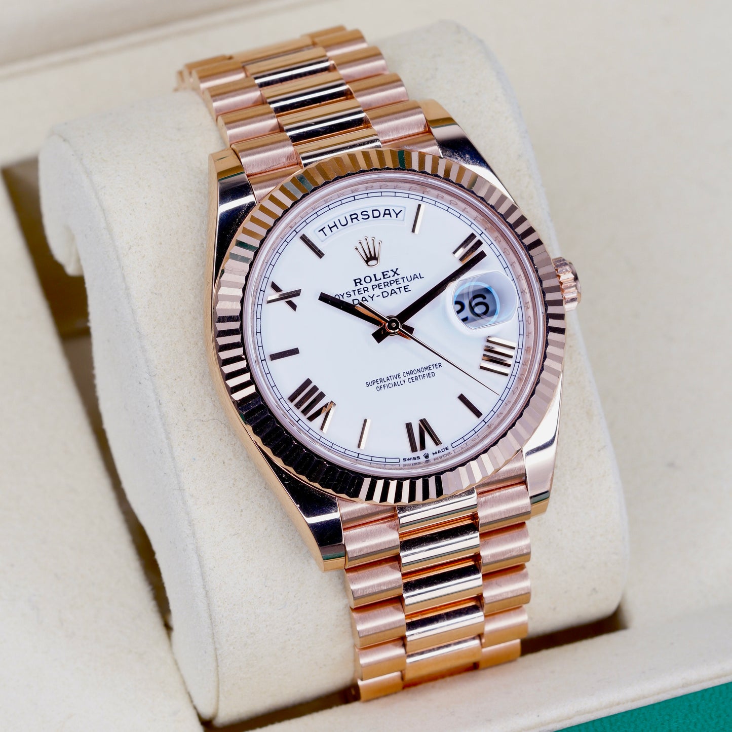 Rolex Day-Date 228235 White Roman Dial Rose Gold 40mm