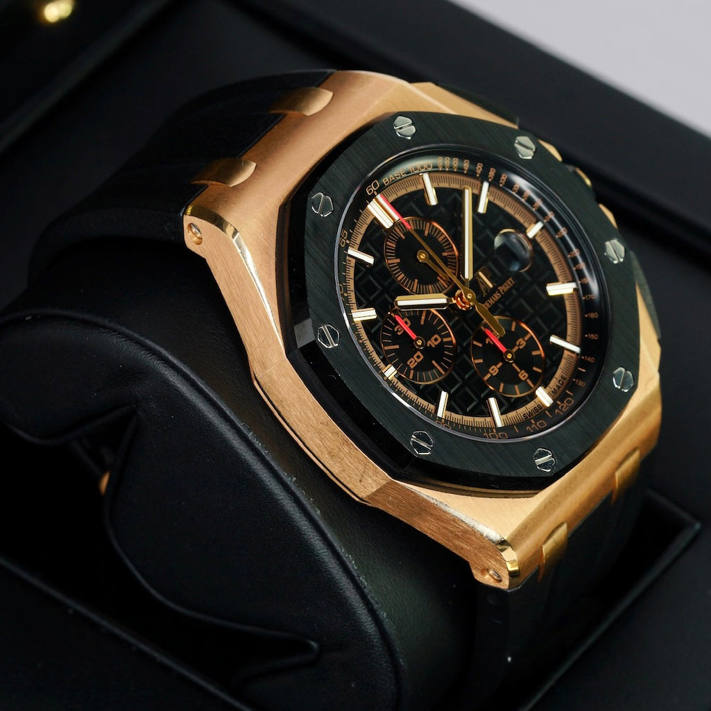 Audemars Piguet Royal Oak Offshore 26401RO.OO.A002CA.02 Black Dial Black Subdials Rose Gold Rubber Strap Chronograph 44mm