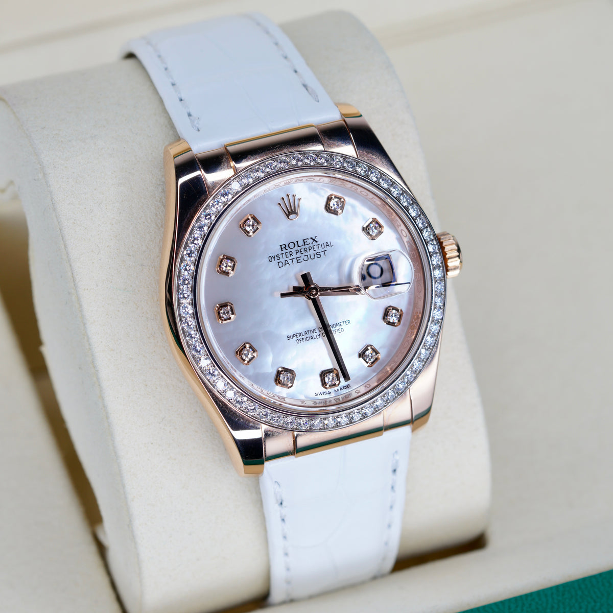 Rolex Datejust 116185 MOP Diamond Dial Rose Gold Leather Strap 36mm