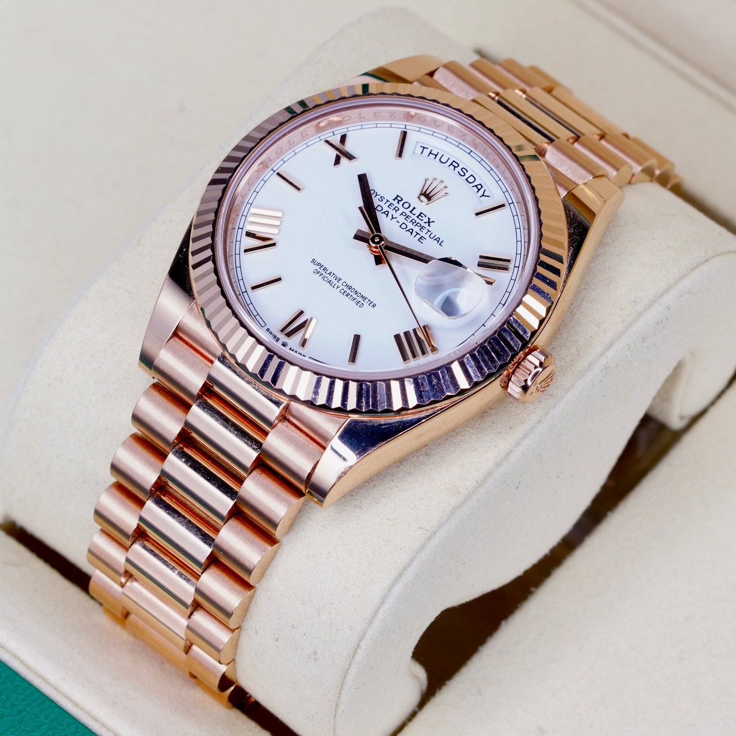 Rolex Day-Date 228235 White Roman Dial Rose Gold 40mm
