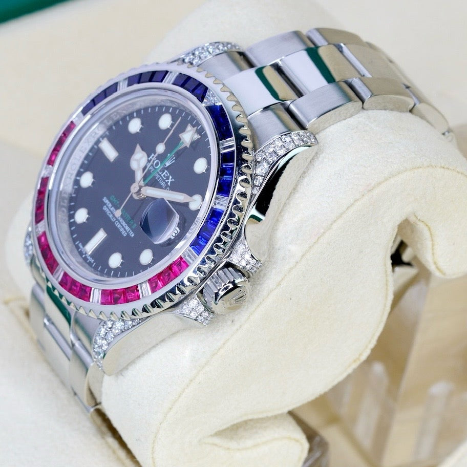 Rolex GMT-Master II 116710 “ALMOST SARU” Aftermarket Diamond Ruby & Sapphire Bezel Stainless Steel 40mm