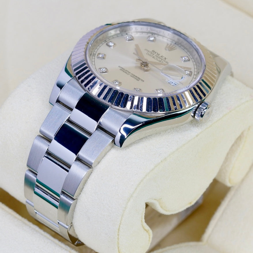 Rolex Datejust II 116334 Silver Diamond Dial Stainless Steel White Gold Bezel 41mm 2015