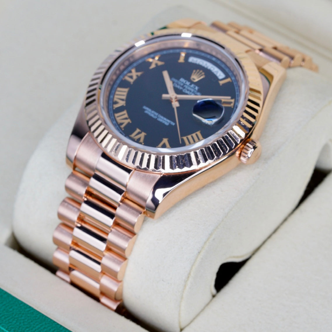 Rolex Day-Date II 218235 Black Roman Dial Rose Gold 41mm