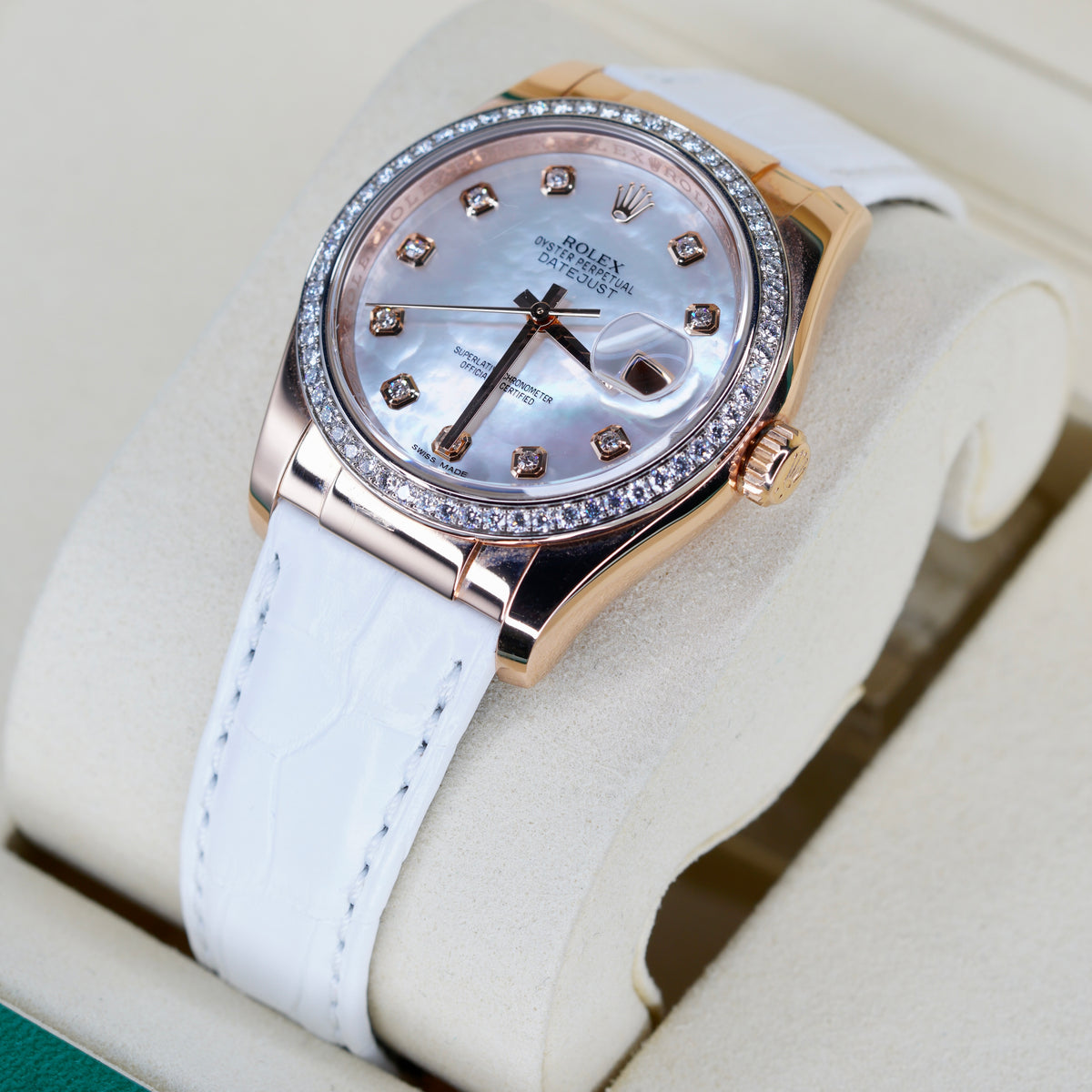 Rolex Datejust 116185 MOP Diamond Dial Rose Gold Leather Strap 36mm