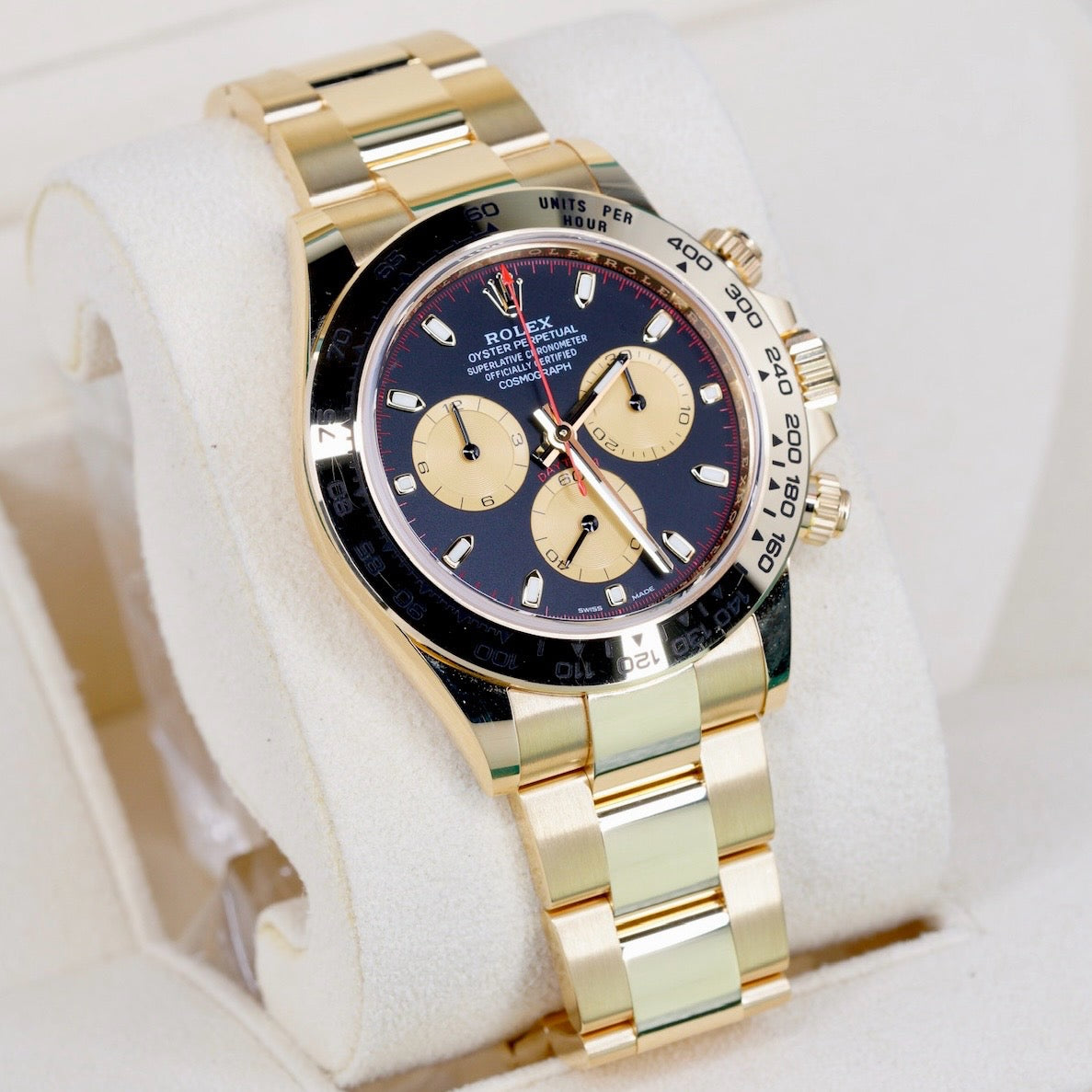 Rolex NEW OLD STOCK Daytona 116508 “PAUL NEWMAN” Black Dial Red Accents Champagne Subdials Yellow Gold 40mm 2023