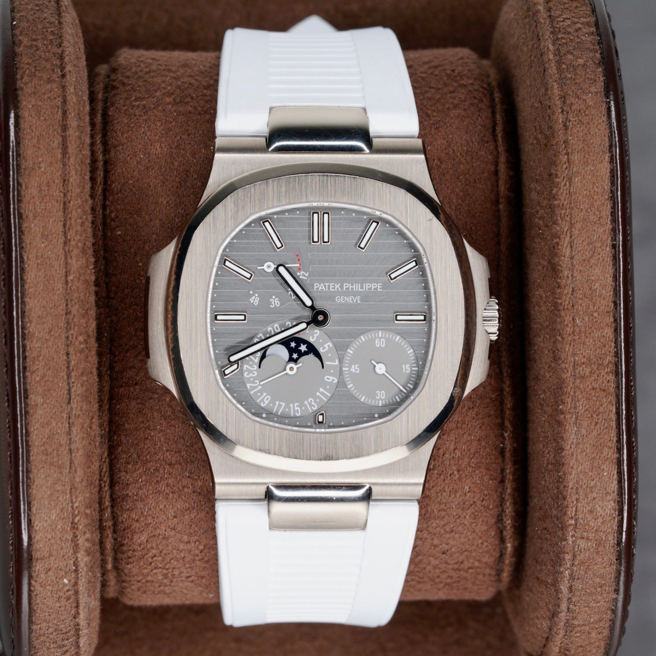 Patek Philippe Nautilus 5712G-001 Grey Dial White Gold Leather Strap 2021