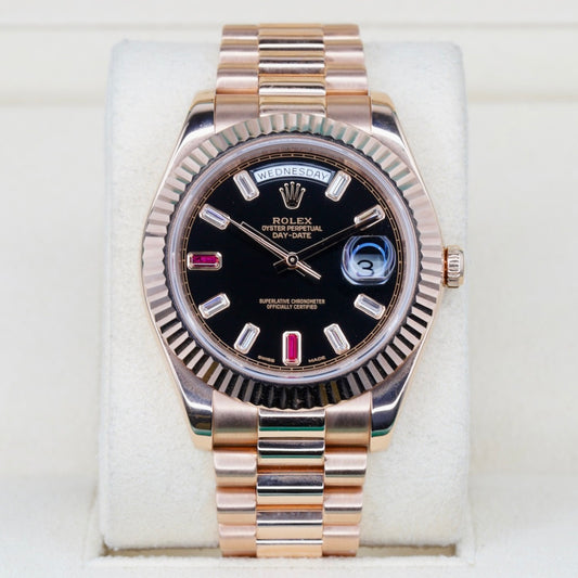 Rolex Day-Date II 218235 “RUBY” Black Baguette Diamond & Ruby Dial Rose Gold President 41mm 2013