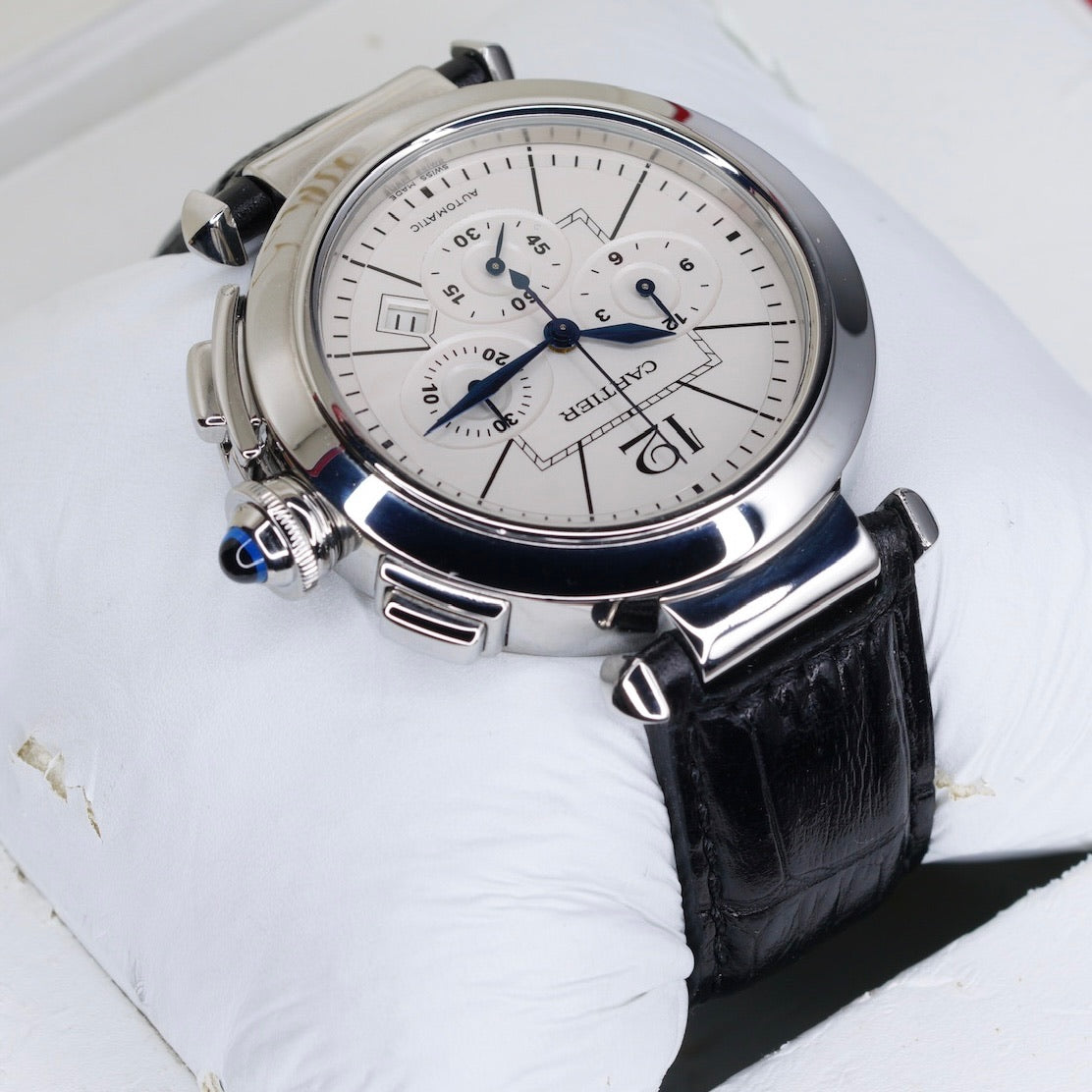 Cartier Pasha W3108555 White Dial XL Chronograph Leather Strap 42mm