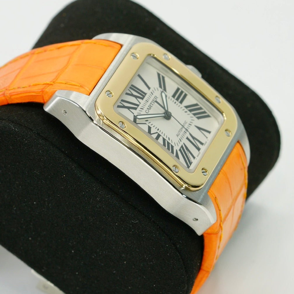 Cartier Santos 100 Xl 2656 Two-Tone Yellow Gold & Steel Orange Leather Strap