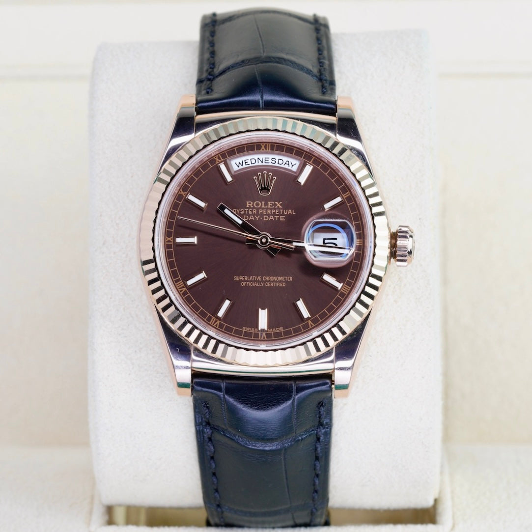 Rolex Day-Date 118135 “CHOCOLATE” Brown Dial Rose Gold Leather Strap 36mm