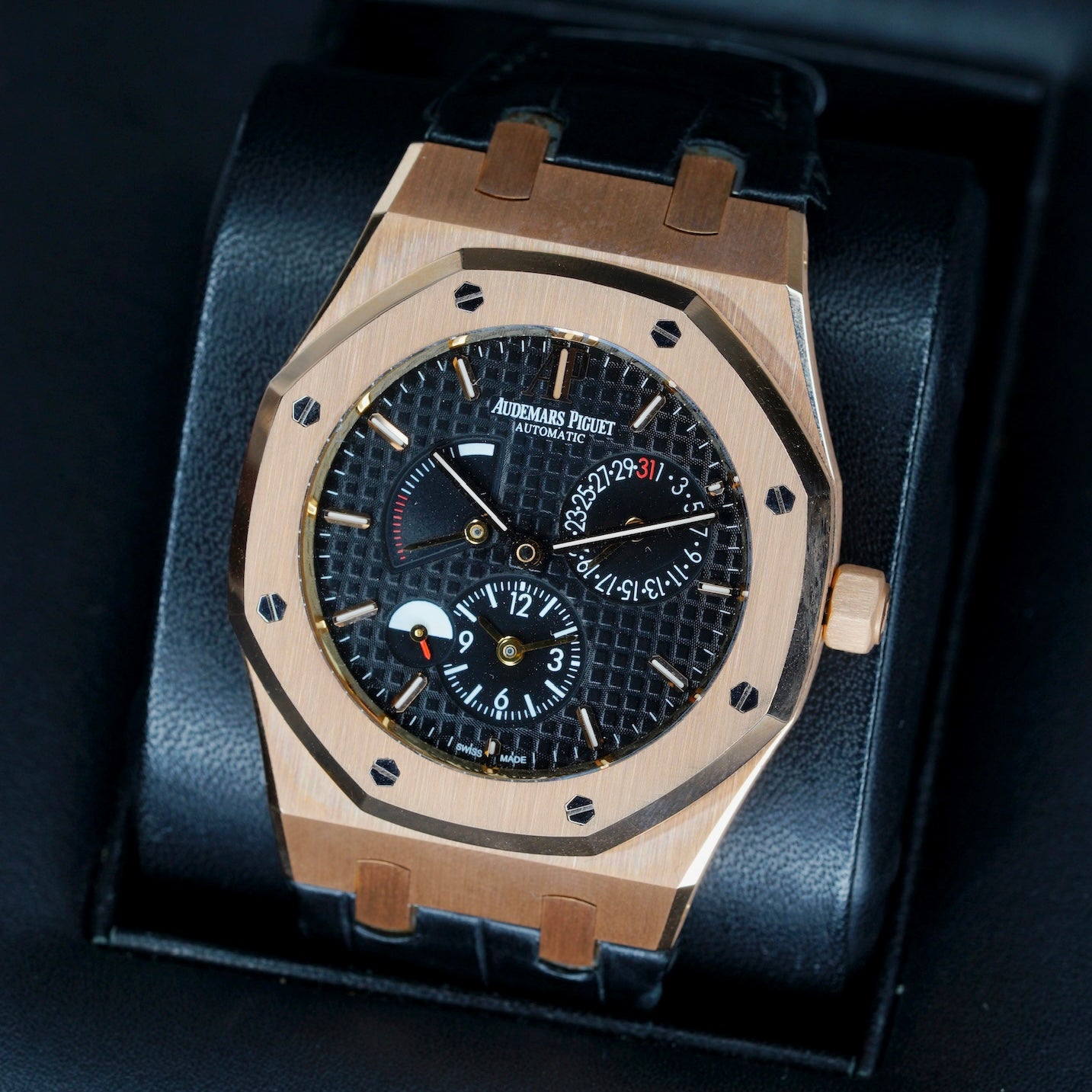 Audemars Piguet Royal Oak 26120OR.OO.D002CR.01 “DUAL TIME” Black Dial Rose Gold Leather Strap 39mm 2016