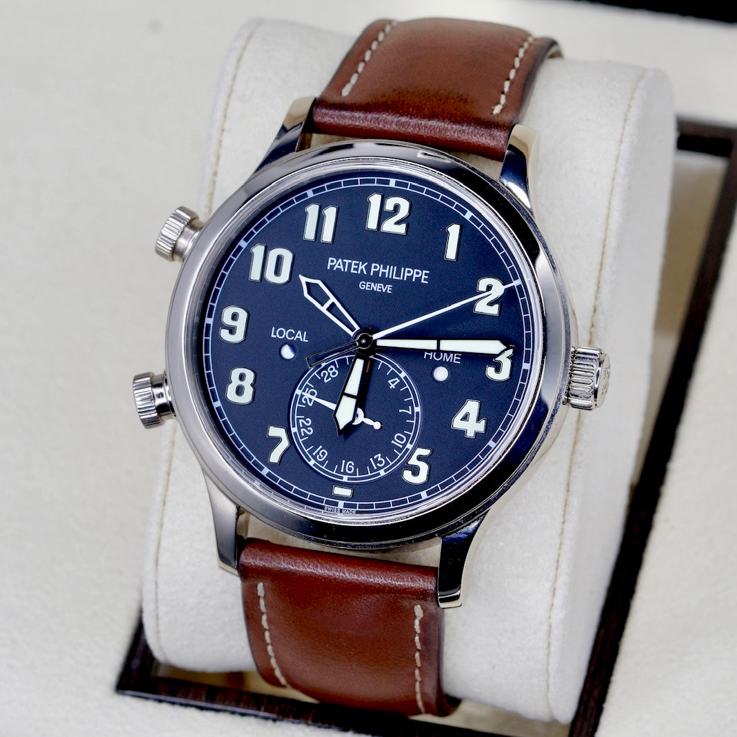 Patek Philippe 5524G-001 “PILOT” Travel Time Black Dial White Gold Leather Strap 42mmm