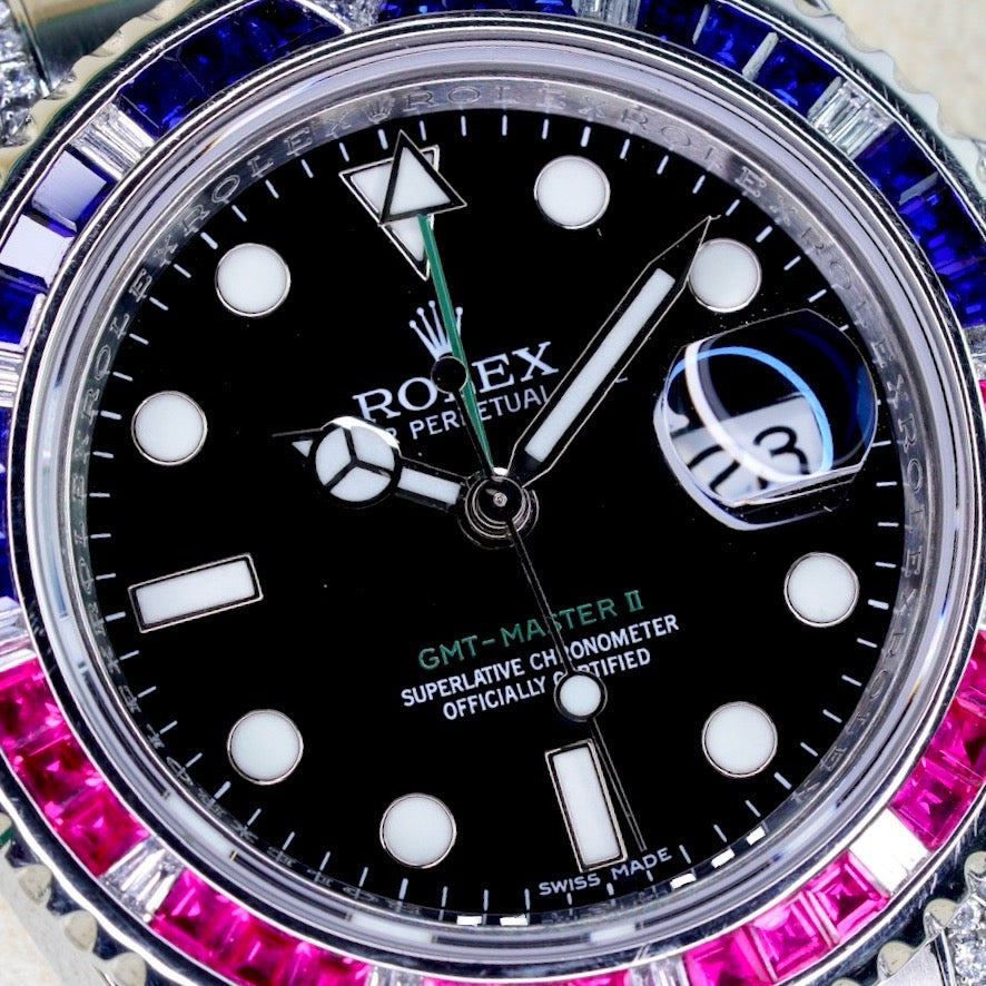 Rolex GMT-Master II 116710 “ALMOST SARU” Aftermarket Diamond Ruby & Sapphire Bezel Stainless Steel 40mm